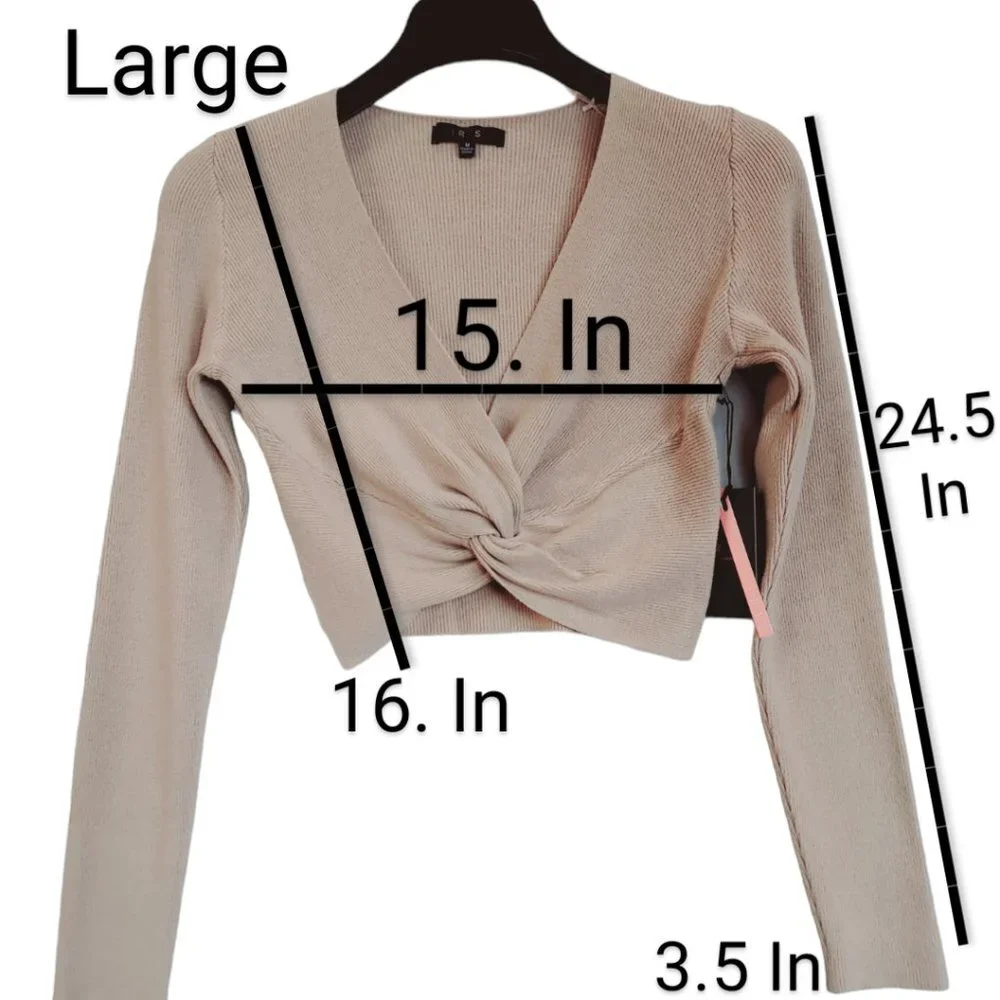 Women's Crop Sweater Taupe Knot Front Cropped V Neck Long Sleeve New - Picture 8 of 13